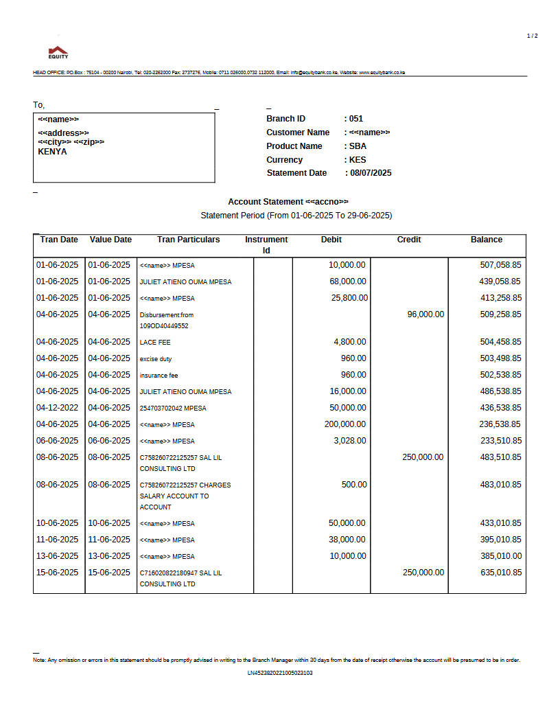 EQUITY BANK STATEMENT VERSION 001 Preview