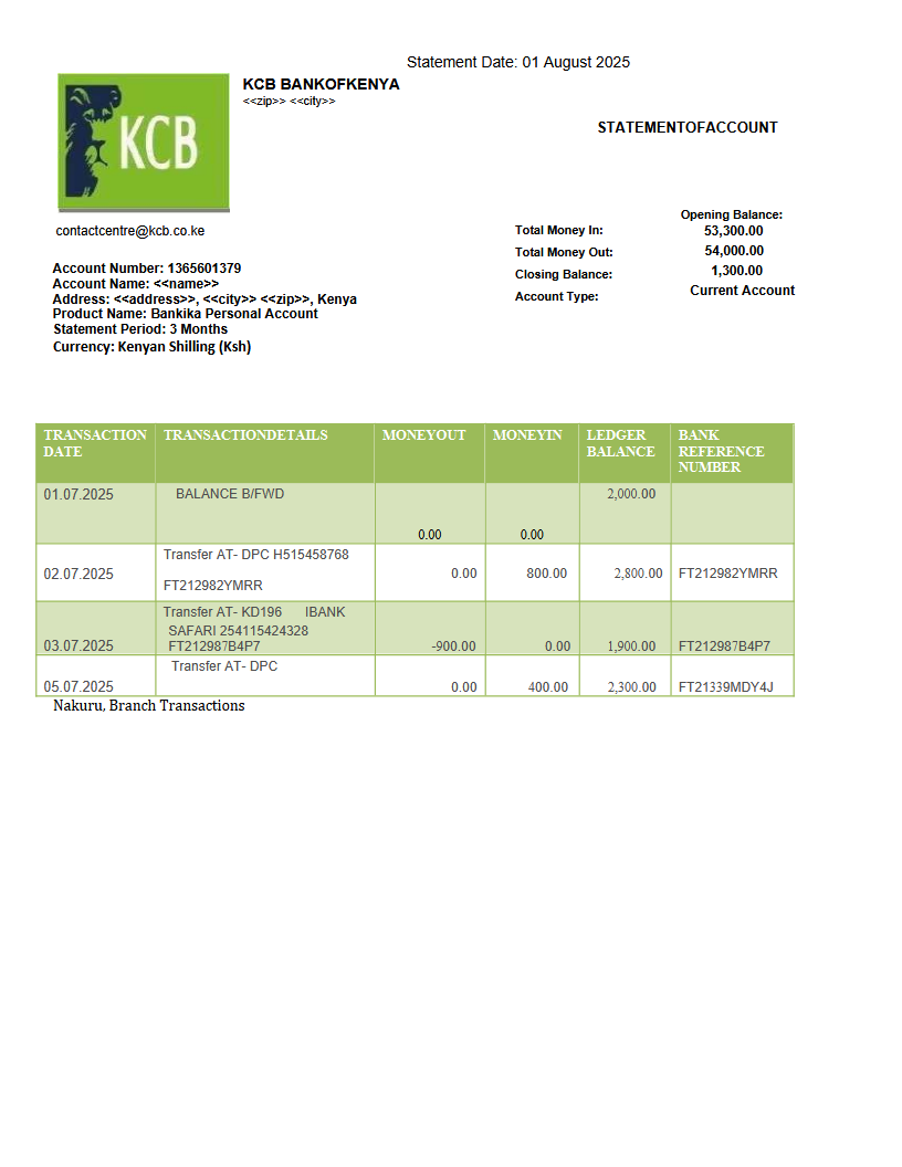 KCB BANK STATEMENT VERSION 001 Preview