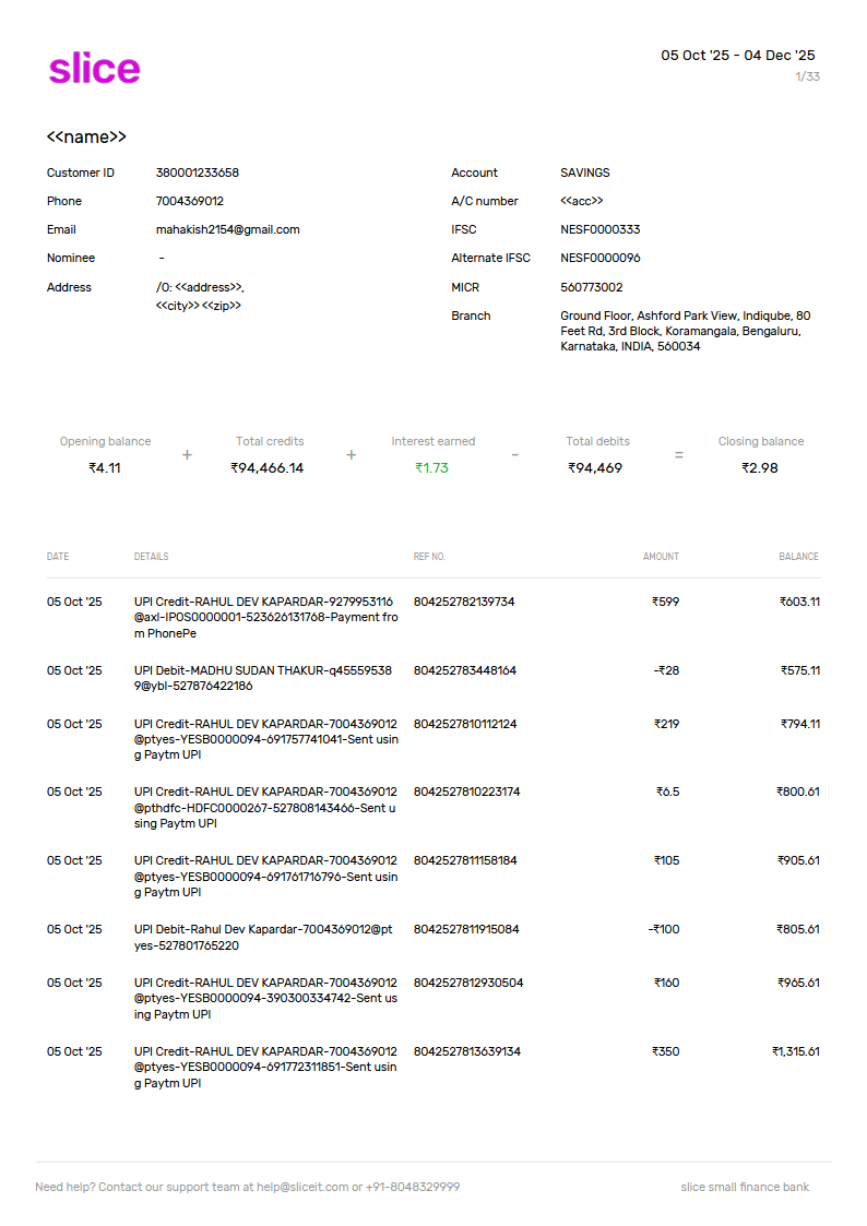 SLICE BANK STATEMENT INDIA VERSION 001 Preview